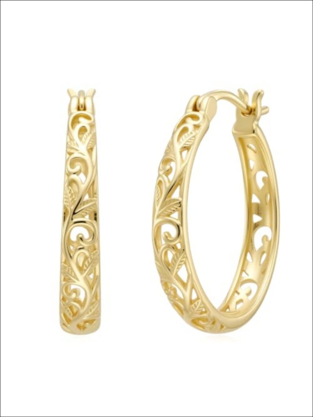 14K Gold Plated Oval Filigree Huggie Hoop Earrings Hypoallergenic Lightweight